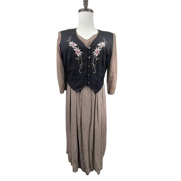 VTG 80s Tan Black Maxi Dress XL Embroidered Vest Cottage Boho Prairie Gingham - Picture 1 of 11